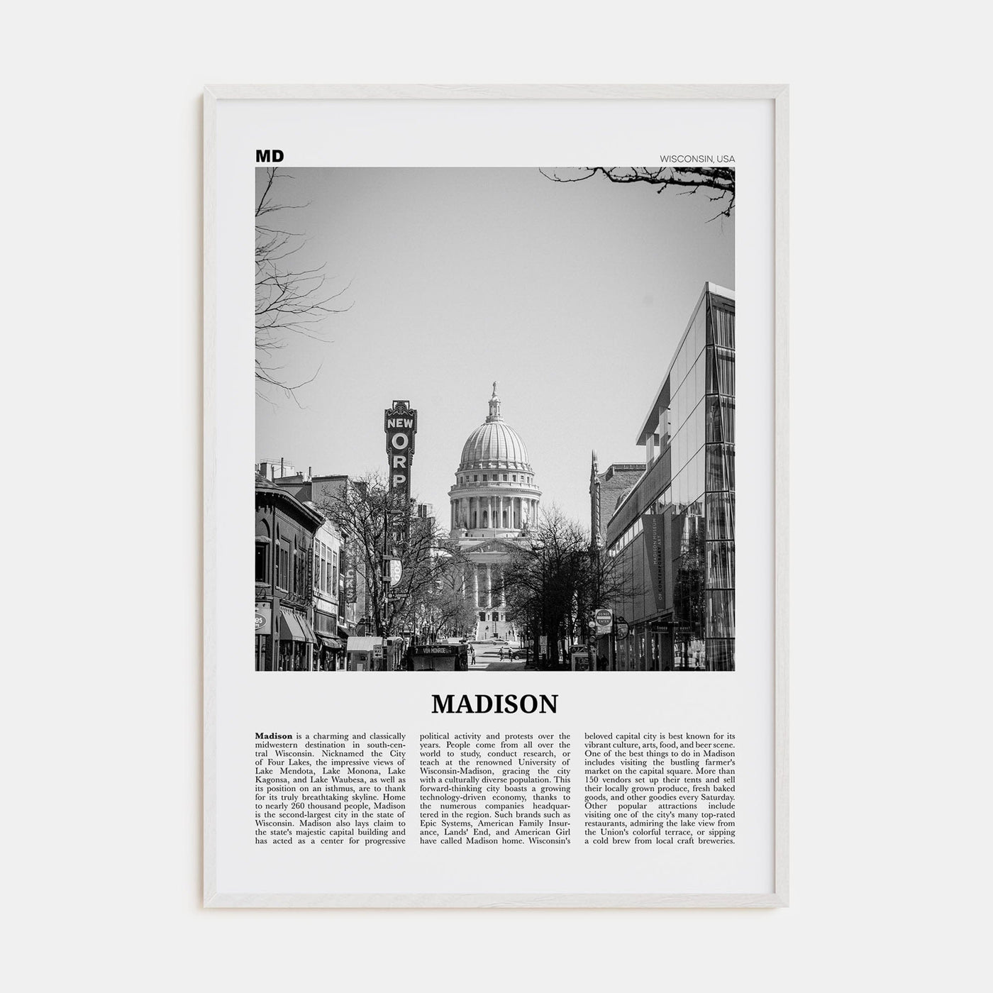 Madison No 1 Poster White Wood / 8x12 in Nbourhood Travel B&W Poster