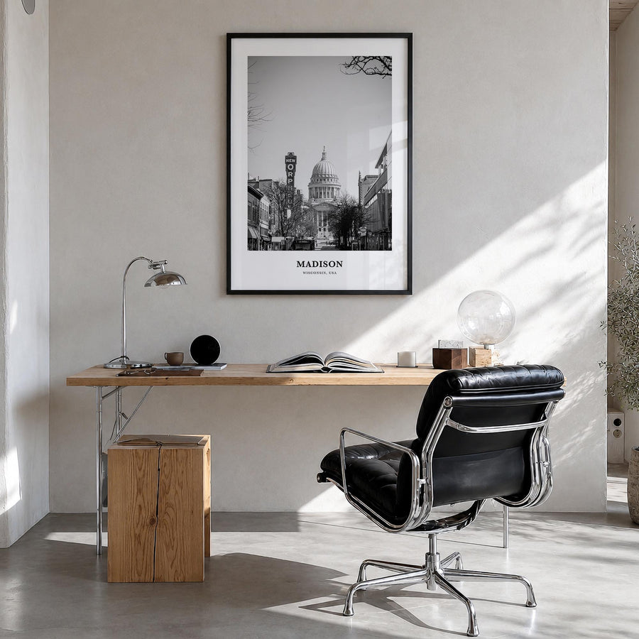 Madison no. 2 black & white classic poster of Wisconsin, USA – vertical wall art in black wood frame, hanging on wall