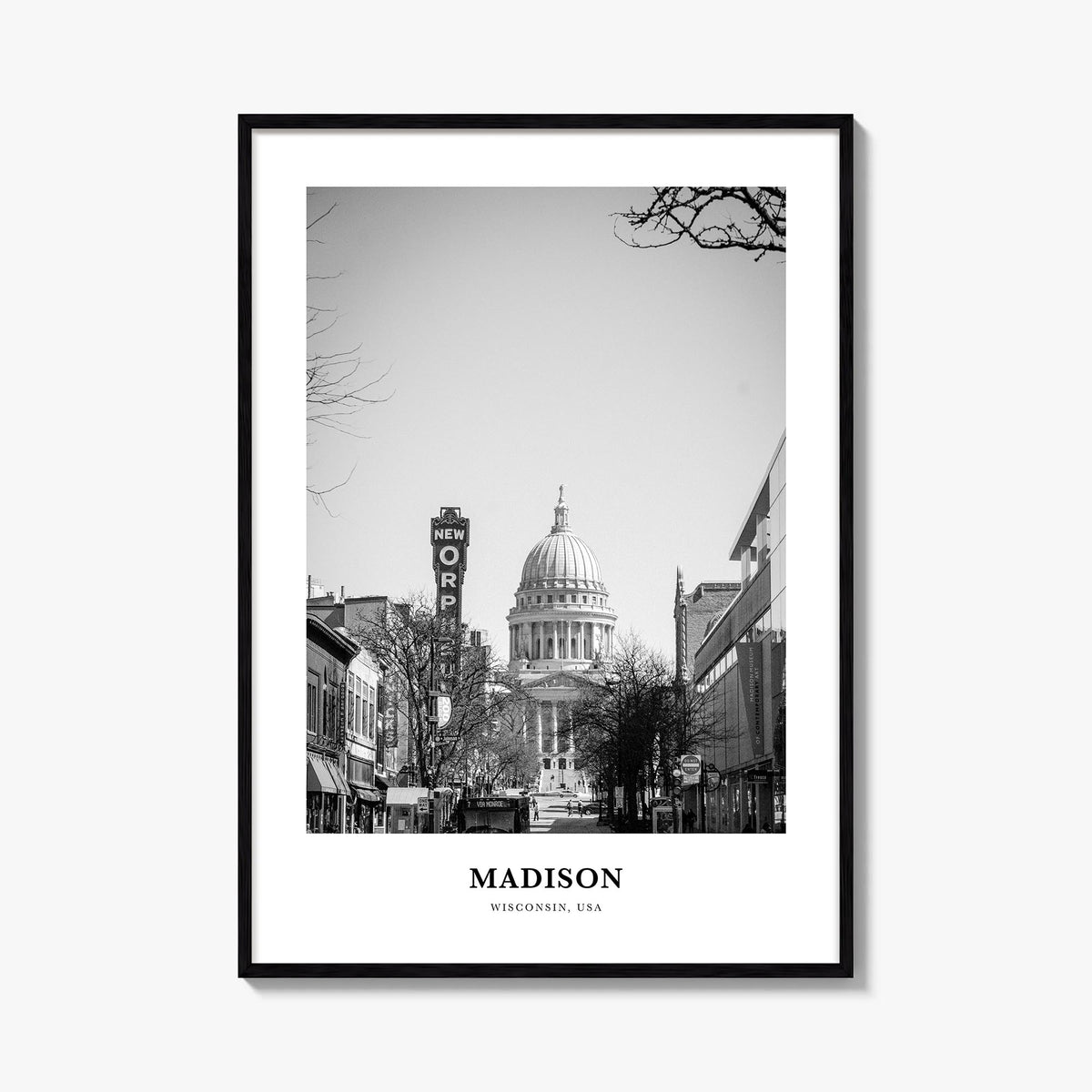 Madison no. 2 black & white classic poster of Wisconsin, USA – vertical wall art, unframed print shown in interior mockup