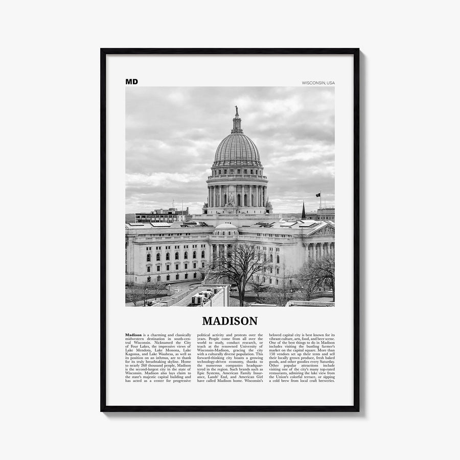 Madison no. 2 black & white newspaper poster of Wisconsin, USA – vertical wall art, unframed print shown in interior mockup