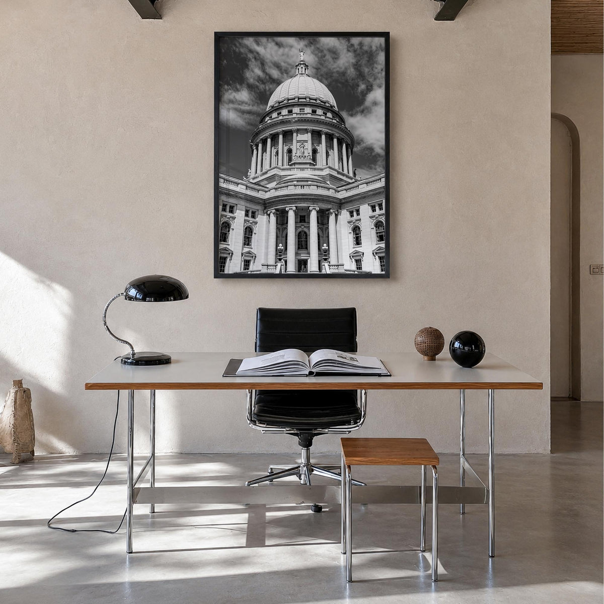 Madison no. 2 black & white photo poster of Wisconsin, USA – vertical wall art in black wood frame, hanging on wall