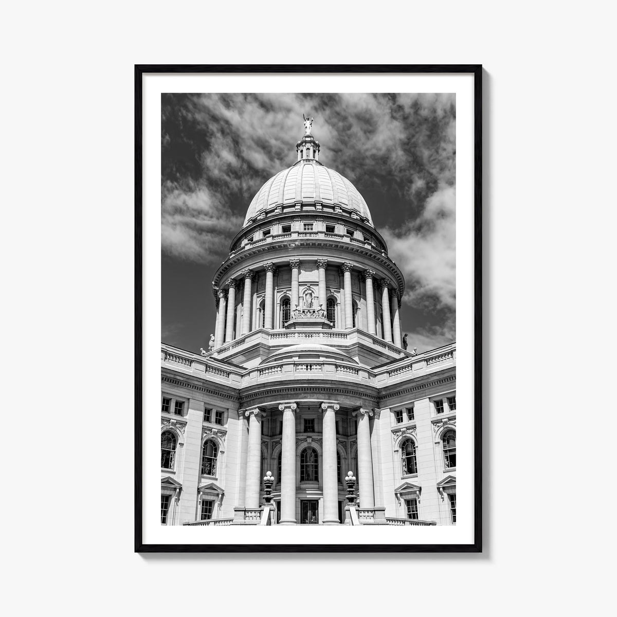 Madison no. 2 black & white photo poster of Wisconsin, USA – vertical wall art, unframed print shown in interior mockup