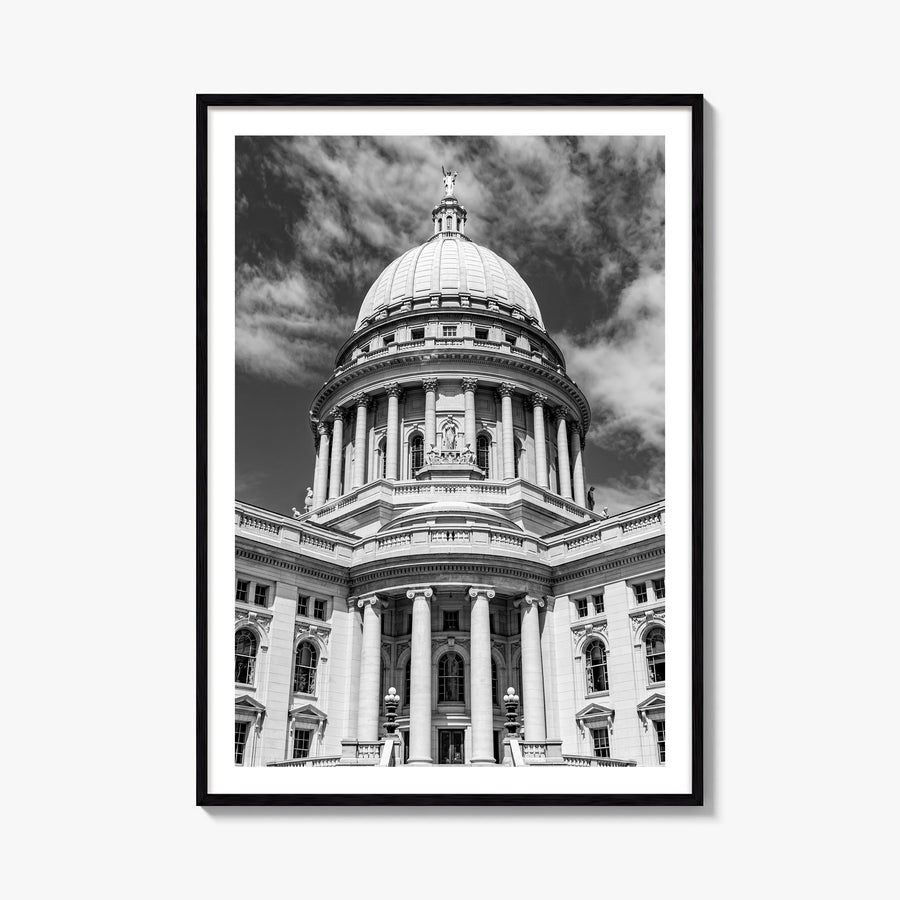 Madison no. 2 black & white photo poster of Wisconsin, USA – vertical wall art, unframed print shown in interior mockup
