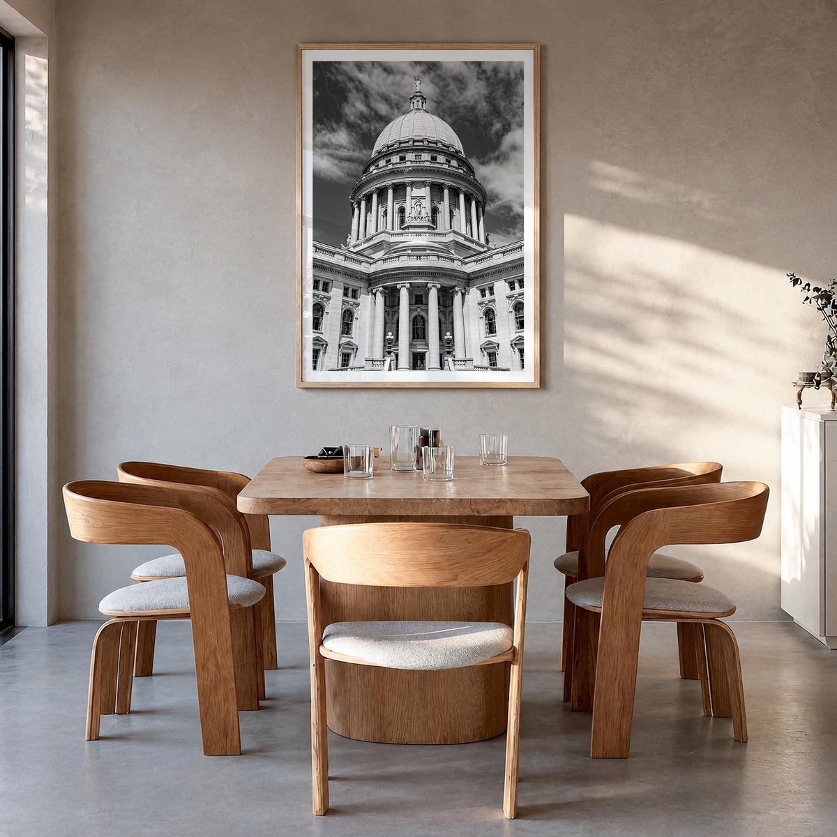 Madison no. 2 black & white photo poster of Wisconsin, USA – vertical wall art in natural wood frame with white border, hangi