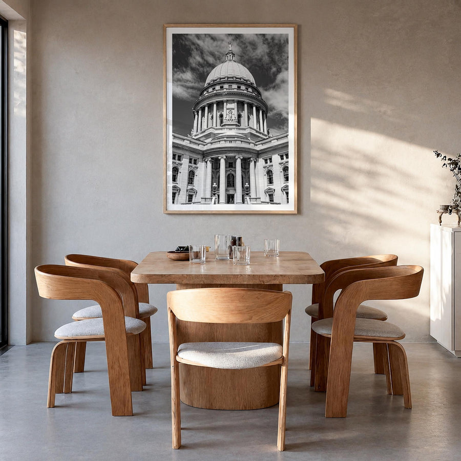 Madison no. 2 black & white photo poster of Wisconsin, USA – vertical wall art in natural wood frame with white border, hangi