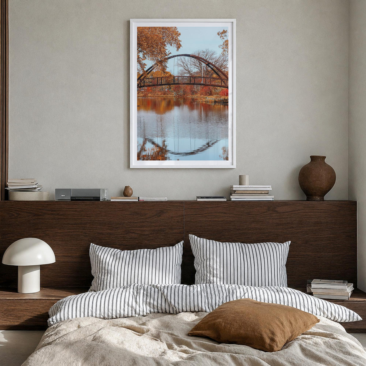 Madison no. 2 colorful photo poster of Wisconsin, USA – vertical wall art in white wood frame with white border, hanging on w