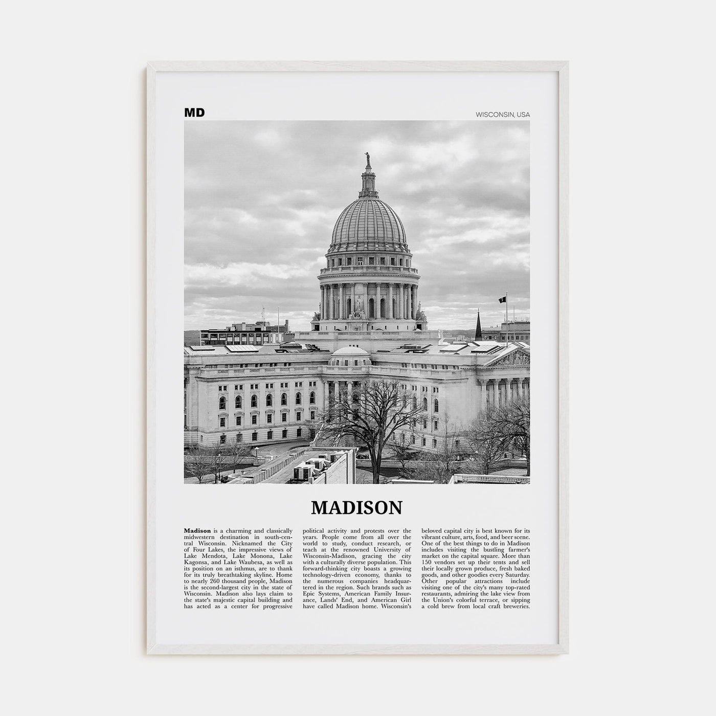 Madison No 2 Poster White Wood / 8x12 in Nbourhood Travel B&W Poster