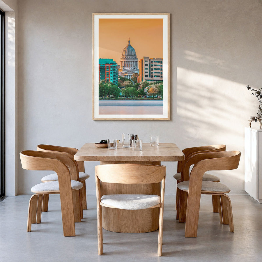 Madison Photo No 1 Poster in a natural wood frame, hanging in a dining room, white border