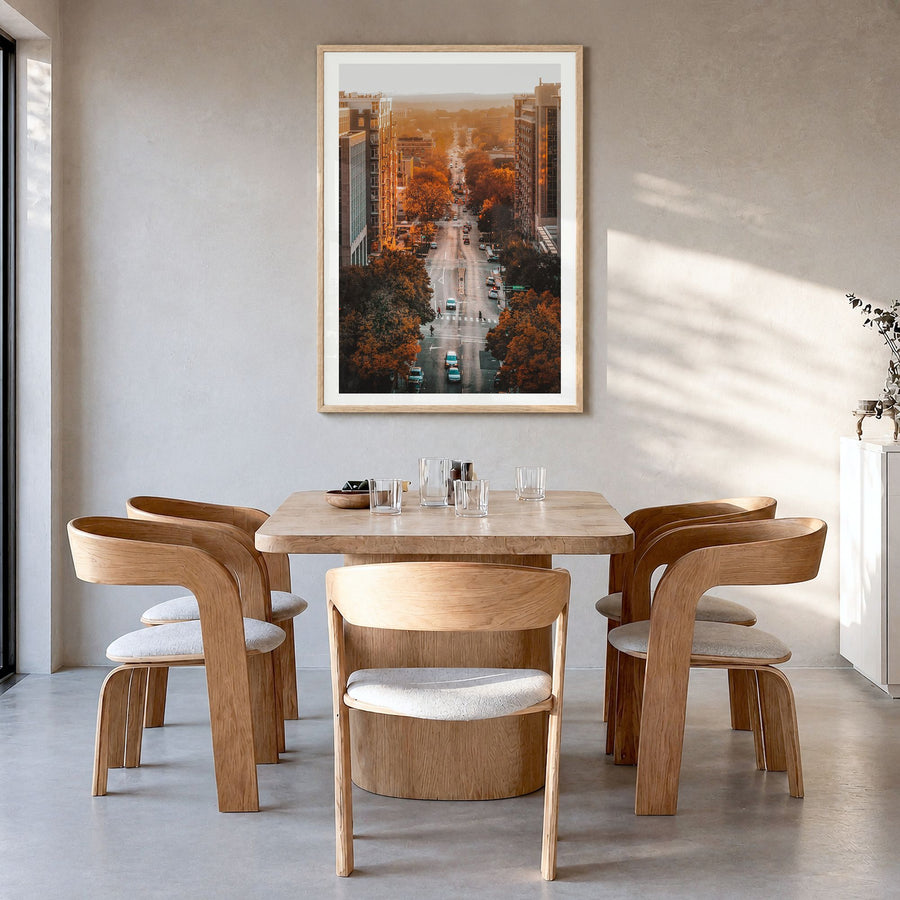 Madison Photo No 3 Poster in a natural wood frame, hanging in a dining room, white border