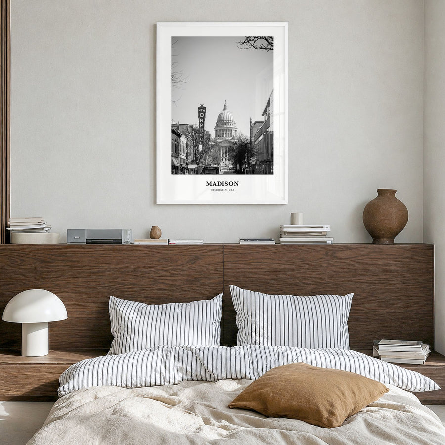 Madison Classic No 2 Poster in a white wood frame, hanging in a bedroom