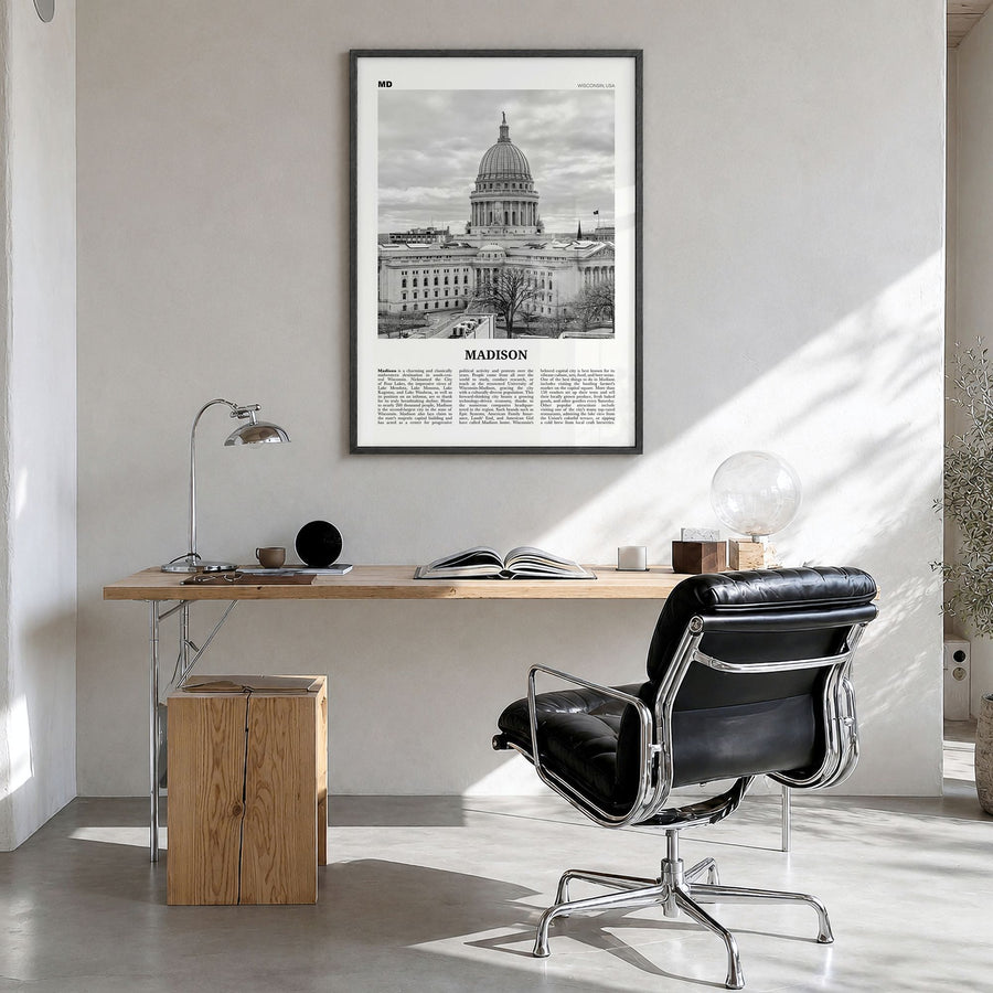 Madison Newspaper No 2 Poster in a black wood frame, hanging in a bright home office
