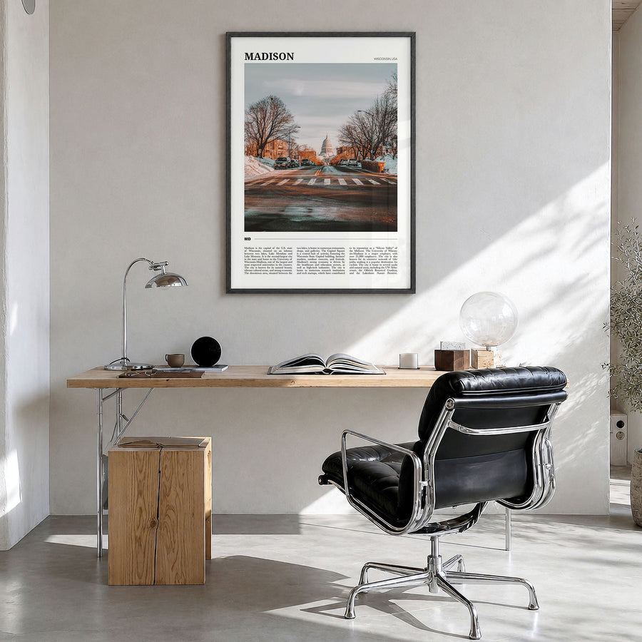 Madison Travel Poster in a black wood frame, hanging in a bright home office
