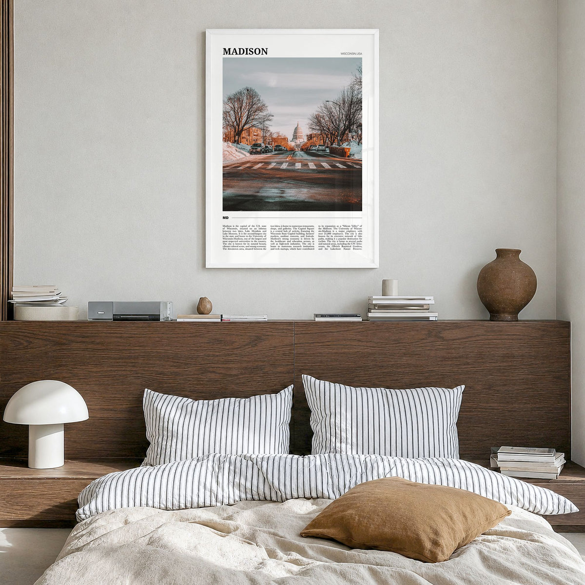 Madison Travel Poster in a white wood frame, hanging in a bedroom