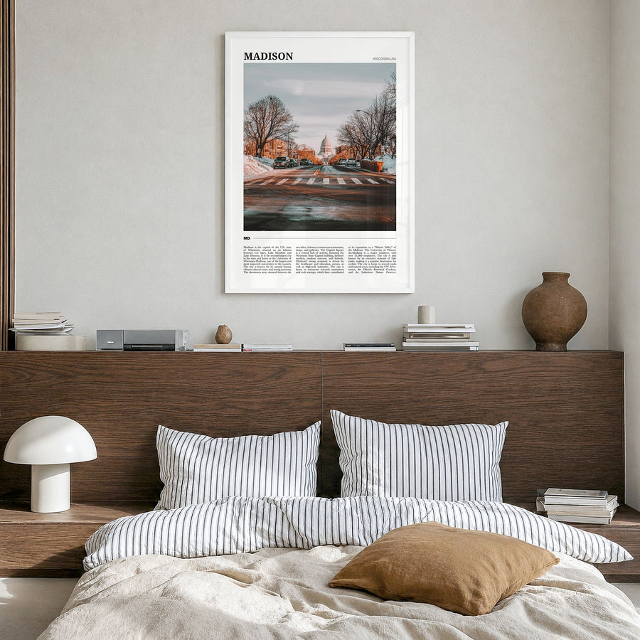 Madison Travel Poster in a white wood frame, hanging in a bedroom