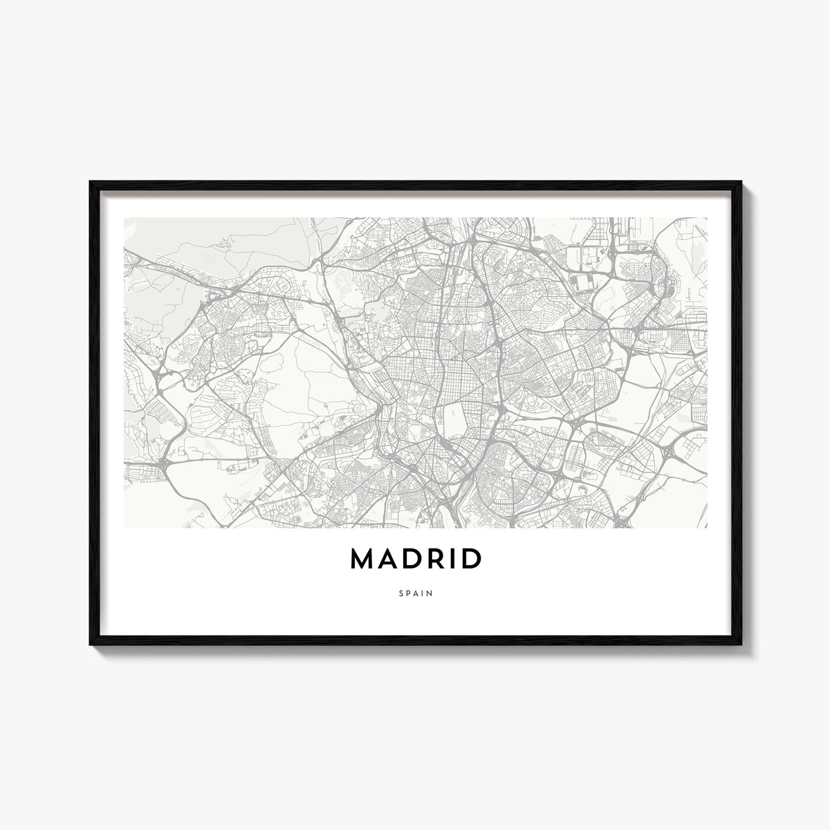 Madrid black & white map poster of Spain – horizontal wall art, unframed print shown in interior mockup