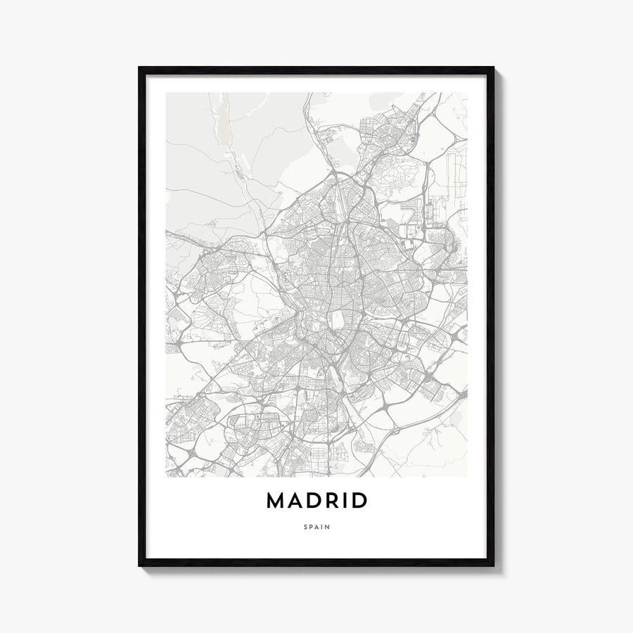 Madrid black & white map poster of Spain – vertical wall art, unframed print shown in interior mockup