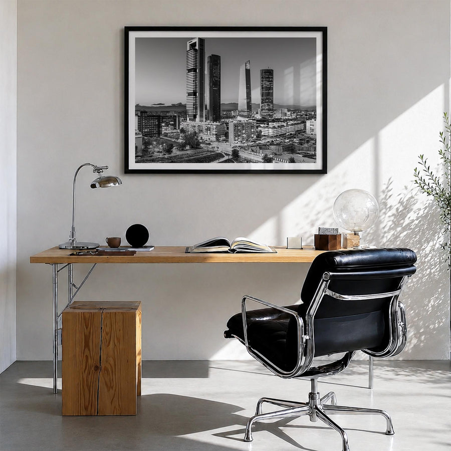 Madrid black & white photo poster of Spain – horizontal wall art in black wood frame with white border, hanging on wall