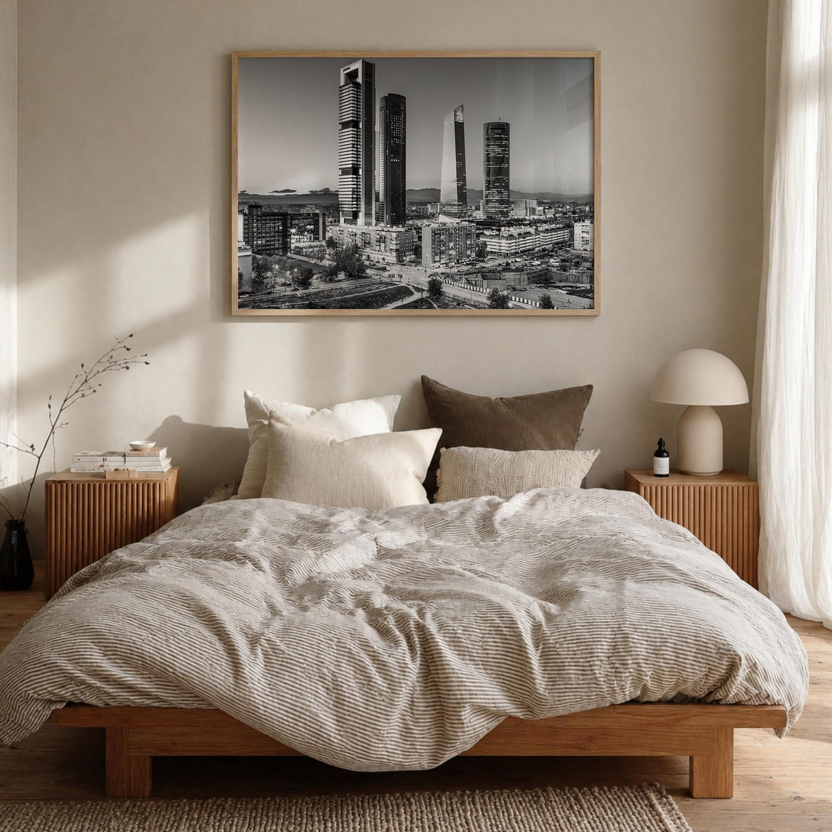 Madrid black & white photo poster of Spain – horizontal wall art in natural wood frame, hanging on wall