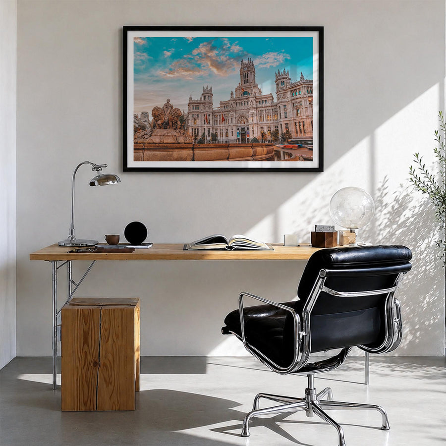 Madrid colorful photo poster of Spain – horizontal wall art in black wood frame with white border, hanging on wall