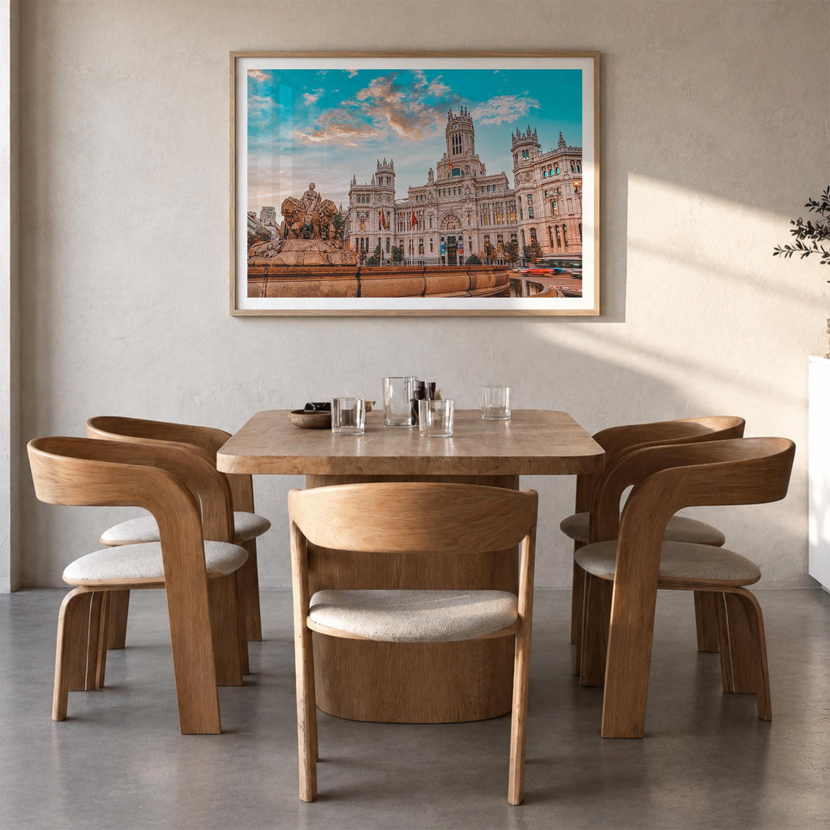 Madrid colorful photo poster of Spain – horizontal wall art in natural wood frame with white border, hanging on wall