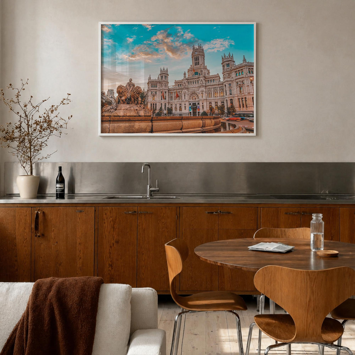 Madrid colorful photo poster of Spain – horizontal wall art in white wood frame, hanging on wall