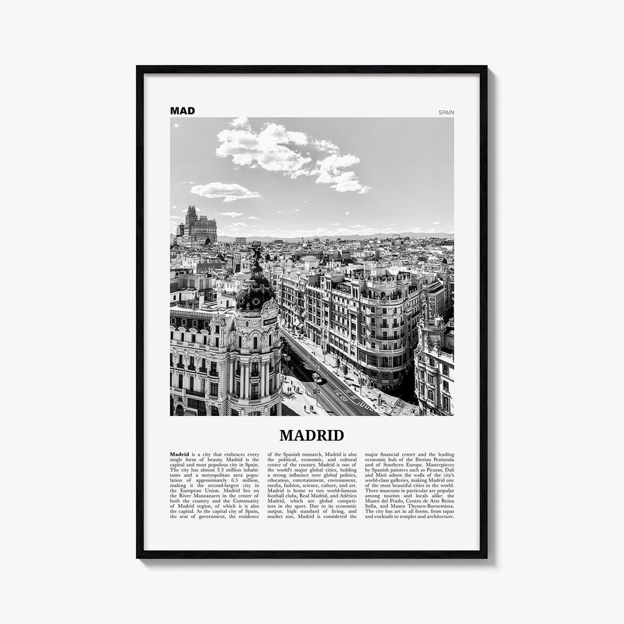 Madrid no. 1 black & white newspaper poster of Spain – vertical wall art, unframed print shown in interior mockup