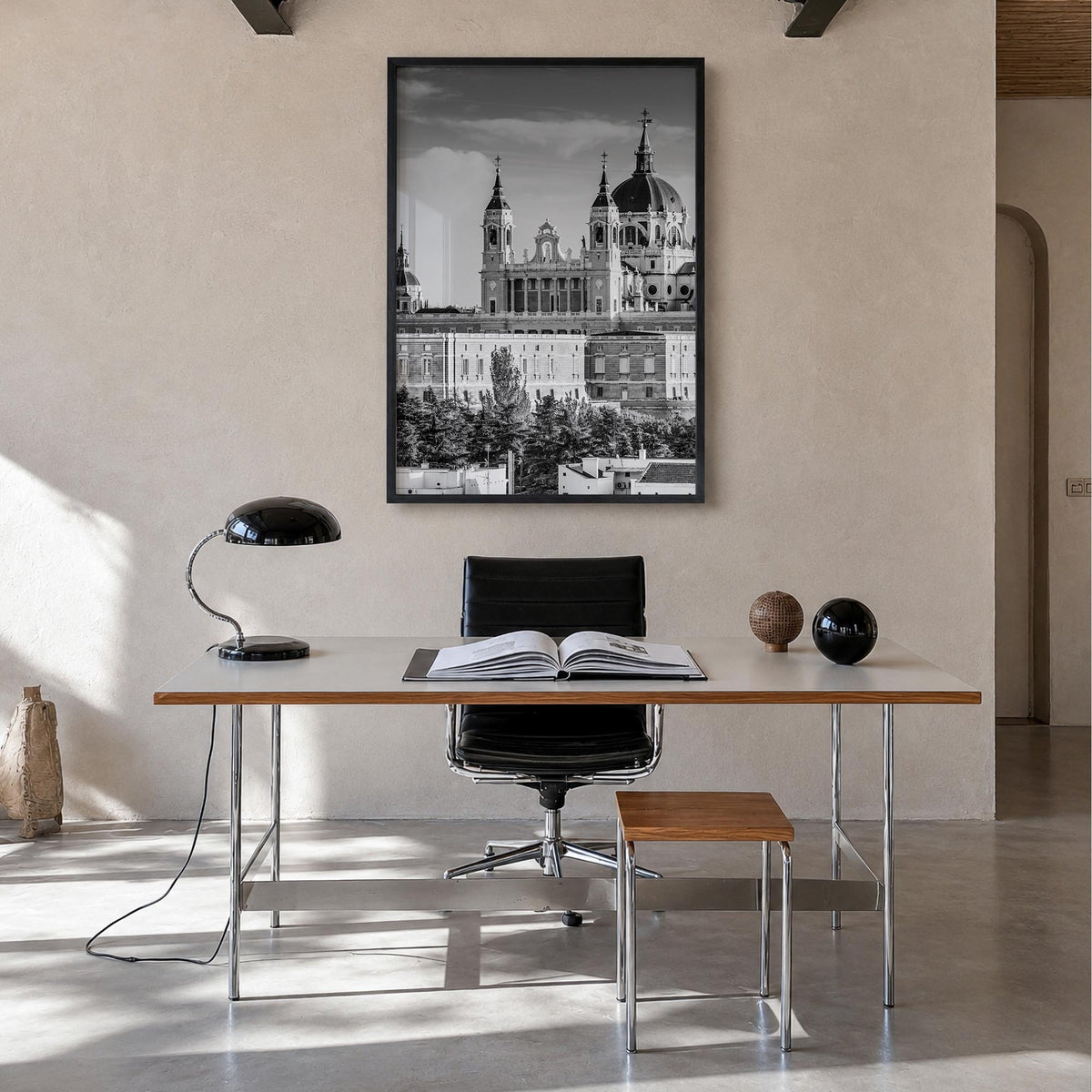 Madrid no. 1 black & white photo poster of Spain – vertical wall art in black wood frame, hanging on wall
