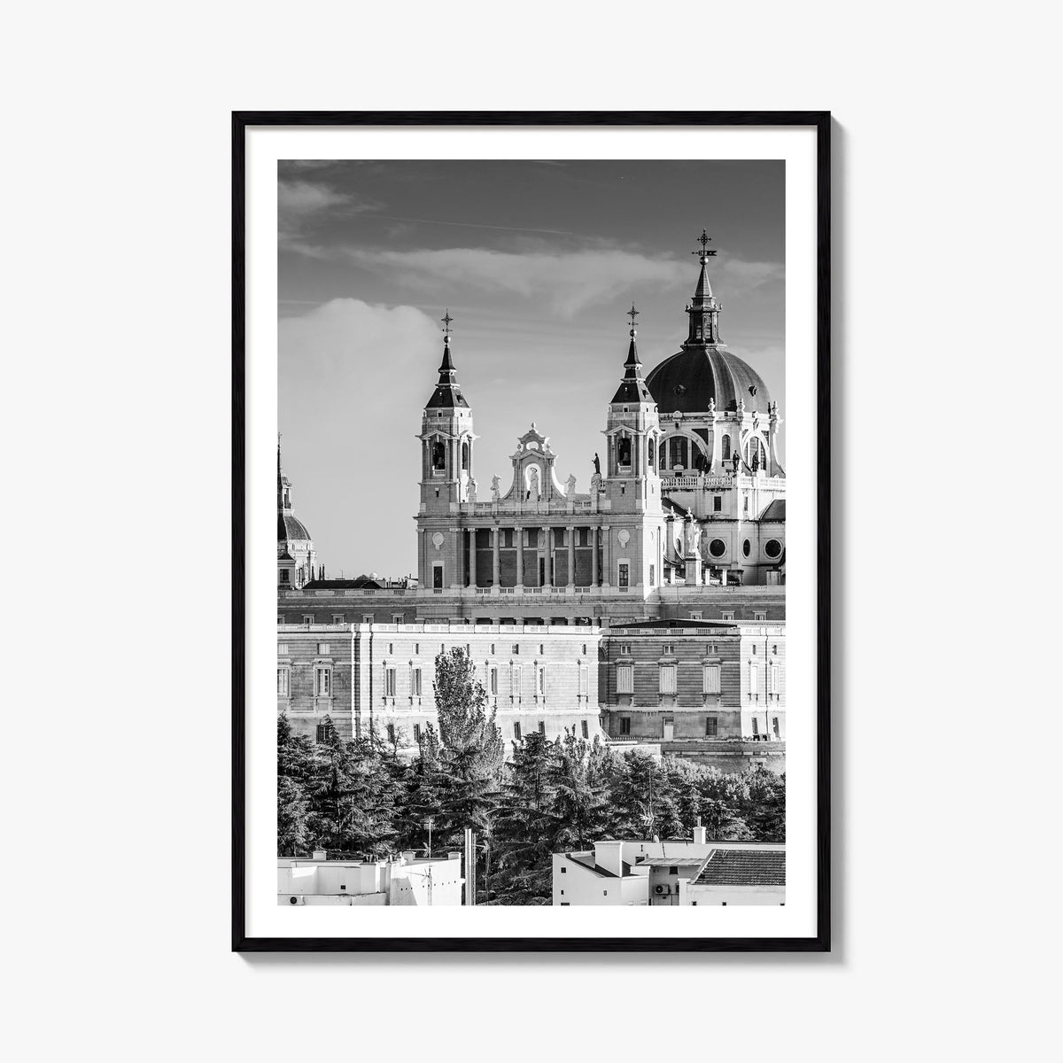 Madrid no. 1 black & white photo poster of Spain – vertical wall art, unframed print shown in interior mockup