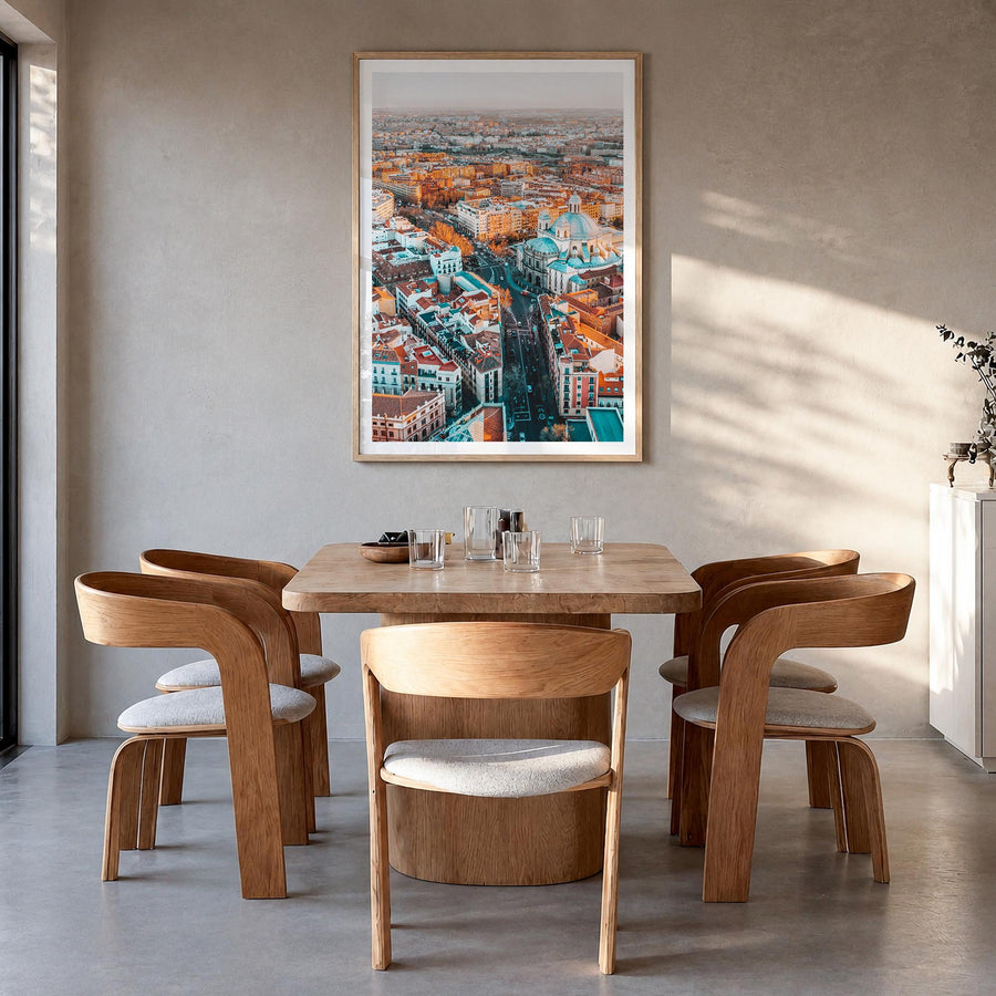 Madrid no. 1 colorful photo poster of Spain – vertical wall art in natural wood frame with white border, hanging on wall