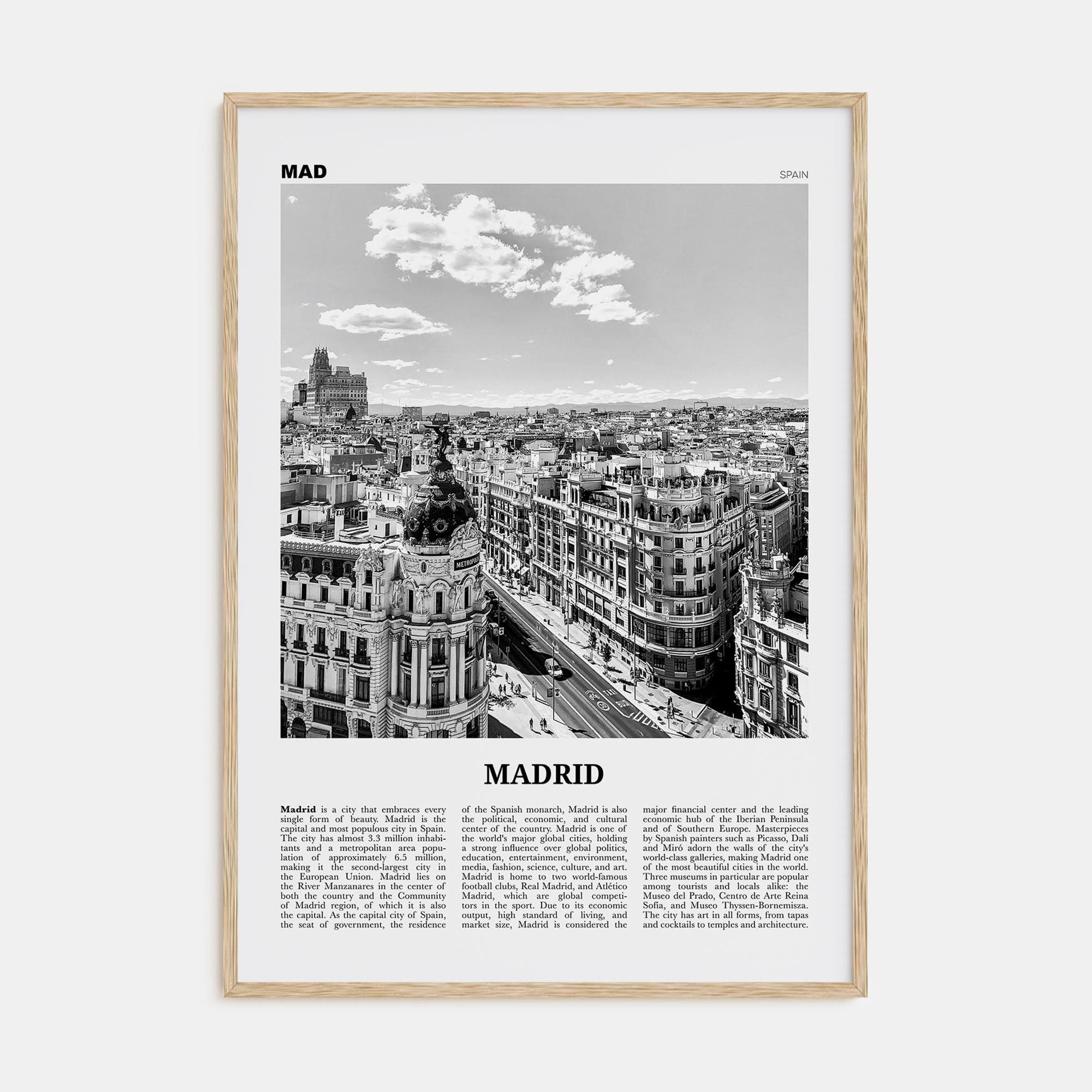 Madrid No 1 Poster Natural Wood / 8x12 in Nbourhood Travel B&W Poster