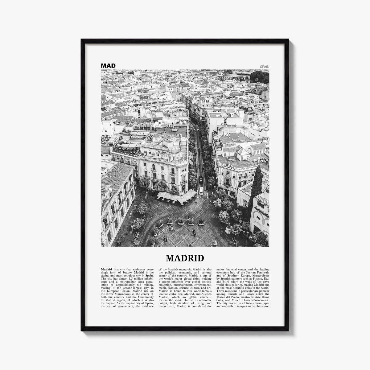 Madrid no. 2 black & white newspaper poster of Spain – vertical wall art, unframed print shown in interior mockup