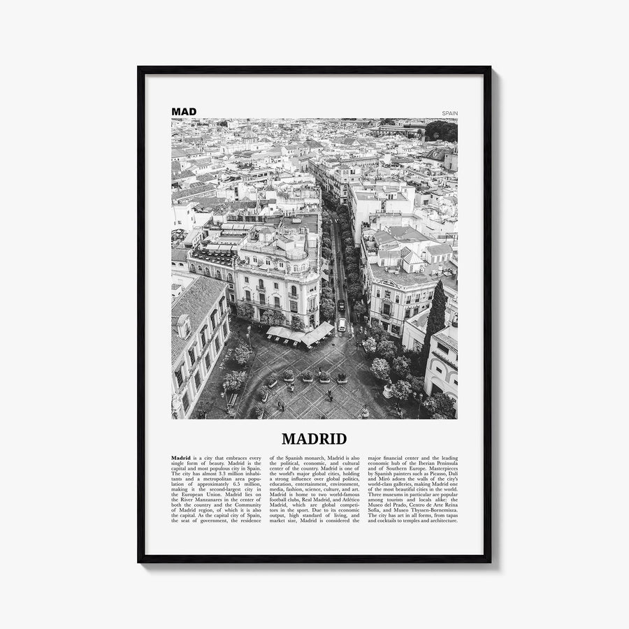 Madrid no. 2 black & white newspaper poster of Spain – vertical wall art, unframed print shown in interior mockup