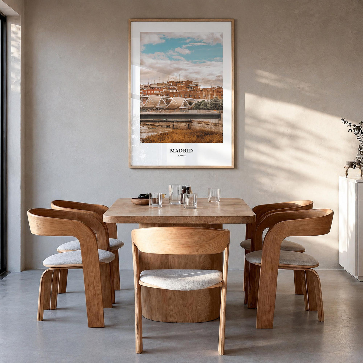 Madrid no. 2 colorful classic poster of Spain – vertical wall art in natural wood frame, hanging on wall