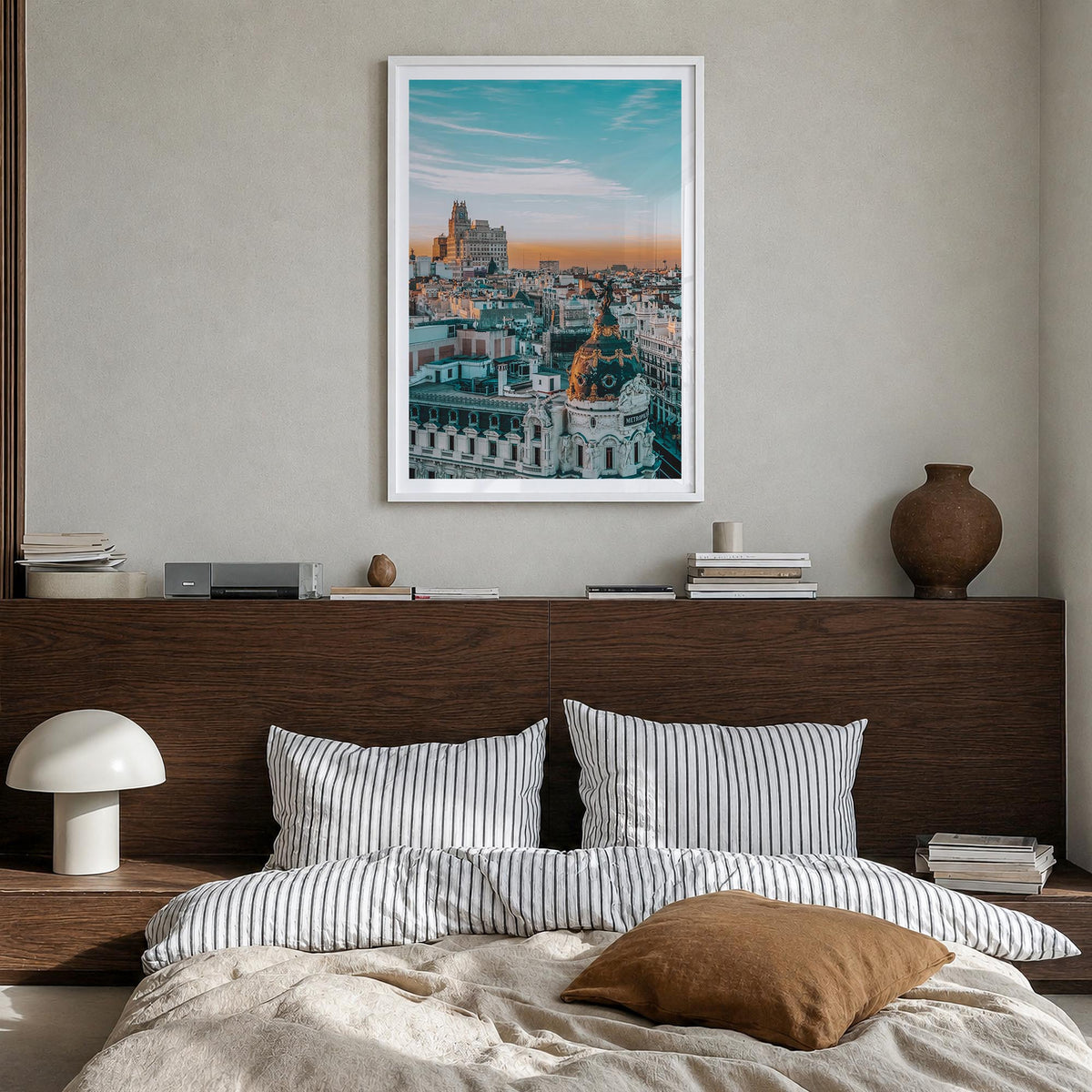 Madrid no. 2 colorful photo poster of Spain – vertical wall art in white wood frame with white border, hanging on wall