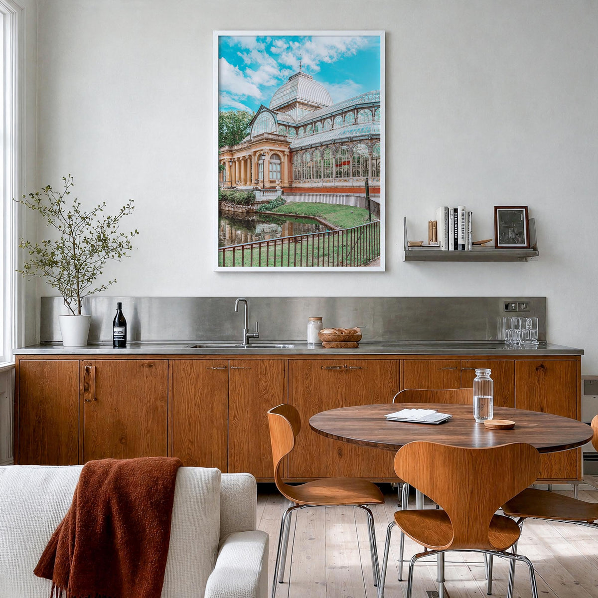 Madrid no. 3 colorful photo poster of Spain – vertical wall art in white wood frame, hanging on wall