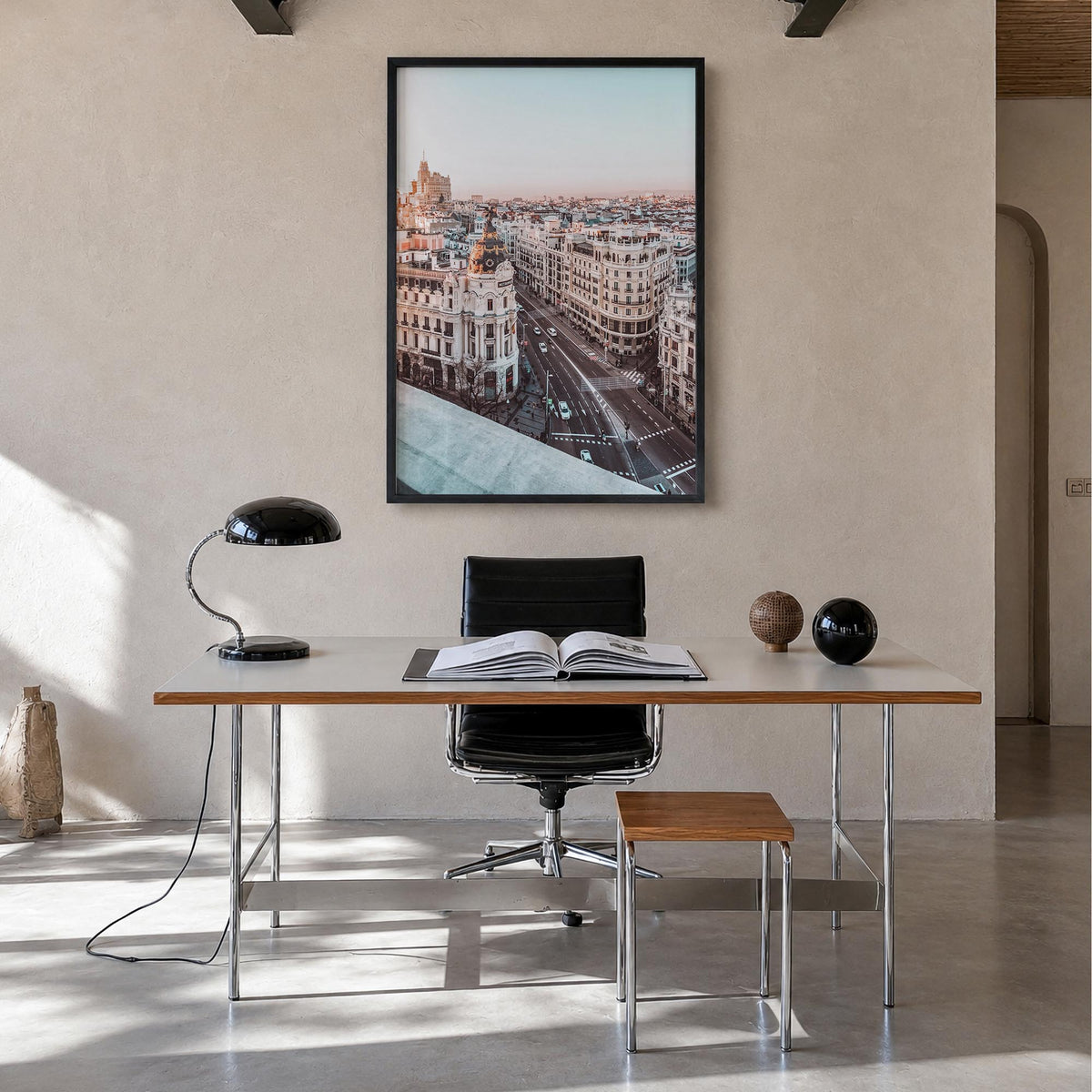 Madrid no. 4 colorful photo poster of Spain – vertical wall art in black wood frame, hanging on wall