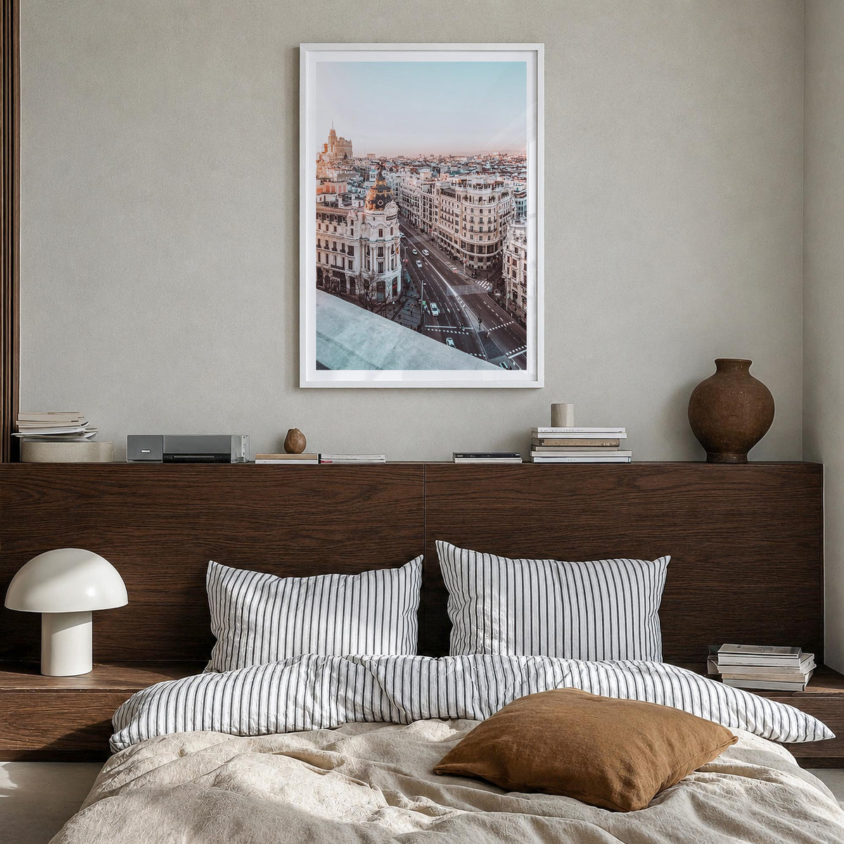 Madrid no. 4 colorful photo poster of Spain – vertical wall art in white wood frame with white border, hanging on wall