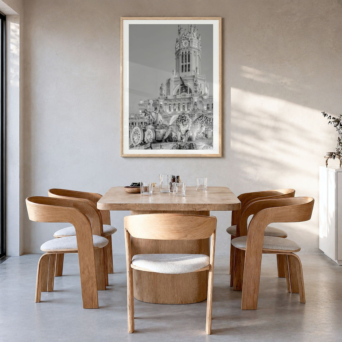 Madrid Photo No 3 Poster in a natural wood frame, hanging in a dining room, white border