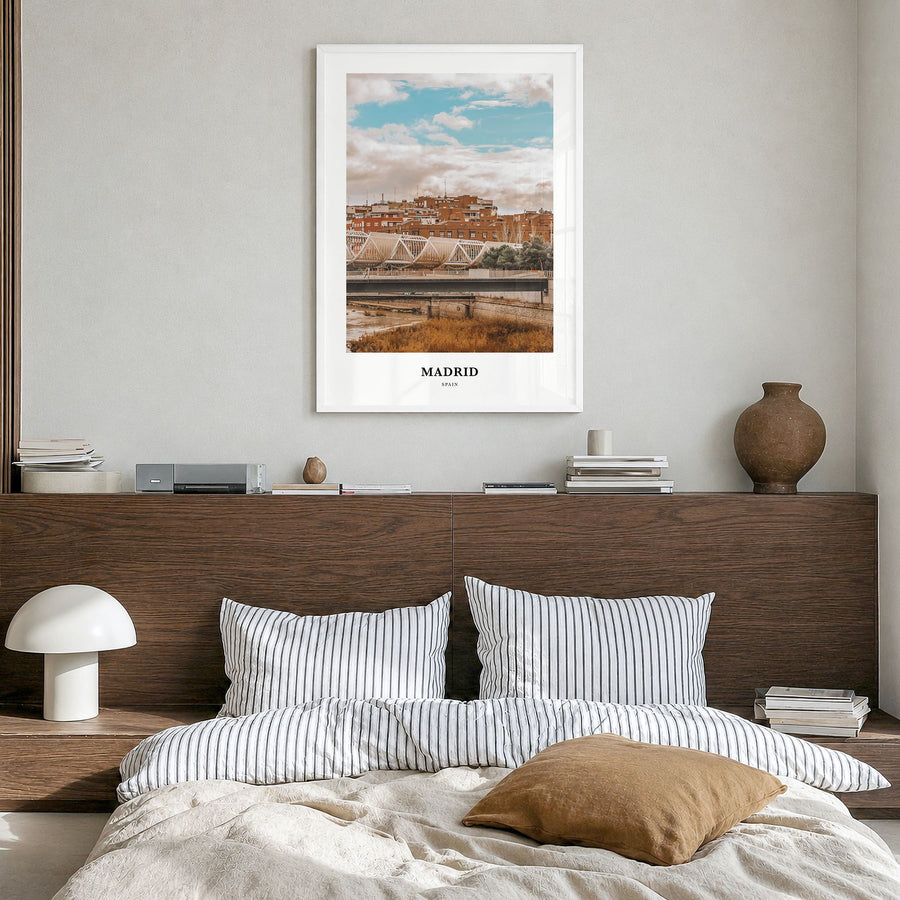 Madrid Classic No 2 Poster in a white wood frame, hanging in a bedroom