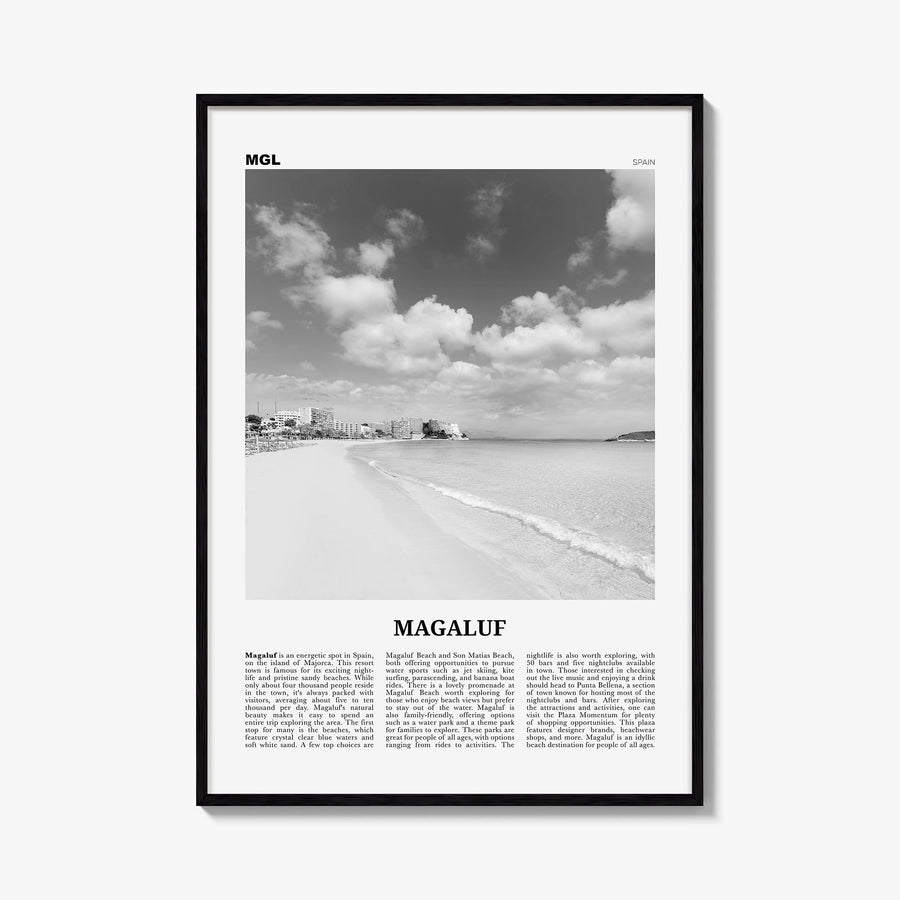 Magaluf black & white newspaper poster of Spain – vertical wall art, unframed print shown in interior mockup