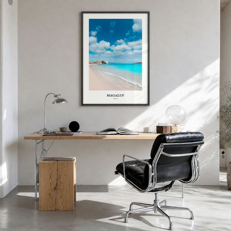 Magaluf Classic Poster in a black wood frame, hanging in a bright home office