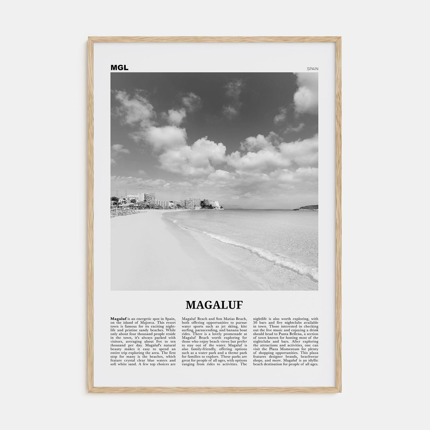 Magaluf Poster Natural Wood / 8x12 in Nbourhood Travel B&W Poster