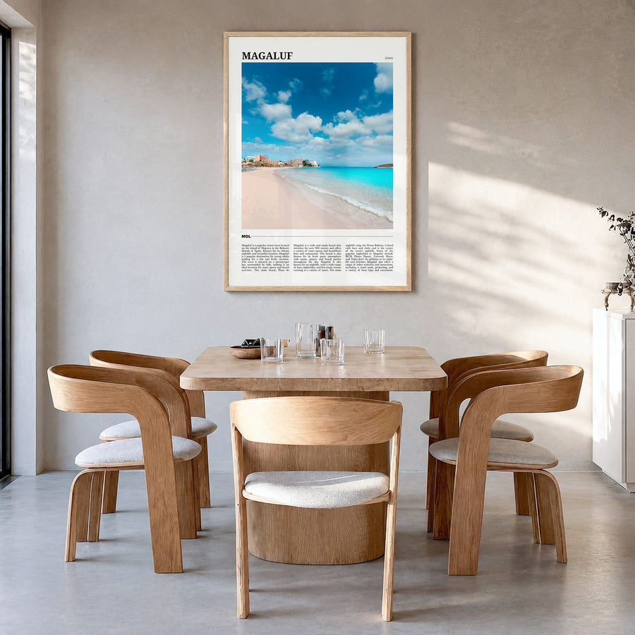 Magaluf Travel Poster in a natural wood frame, hanging in a dining room