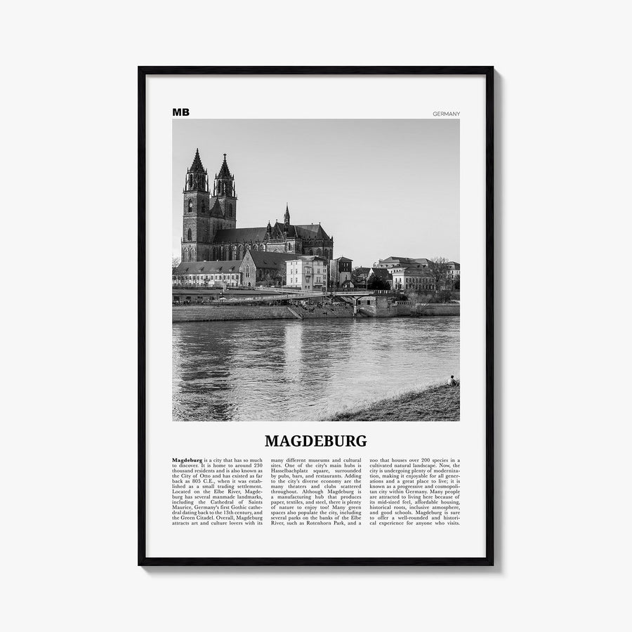 Magdeburg black & white newspaper poster of Germany – vertical wall art, unframed print shown in interior mockup