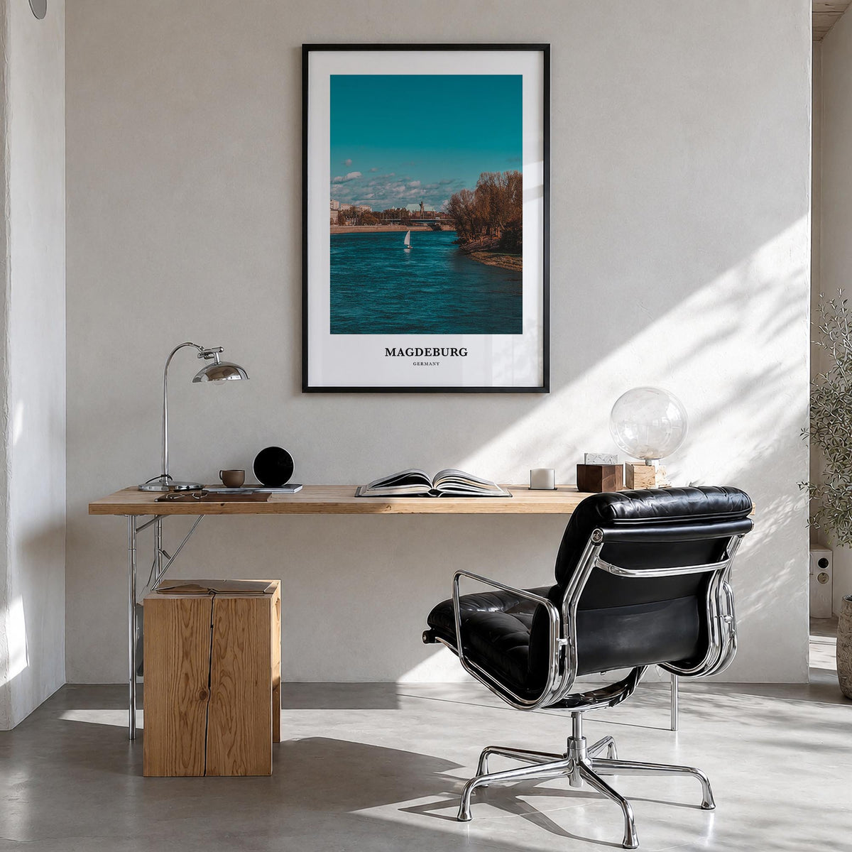 Magdeburg no. 1 colorful classic poster of Germany – vertical wall art in black wood frame, hanging on wall