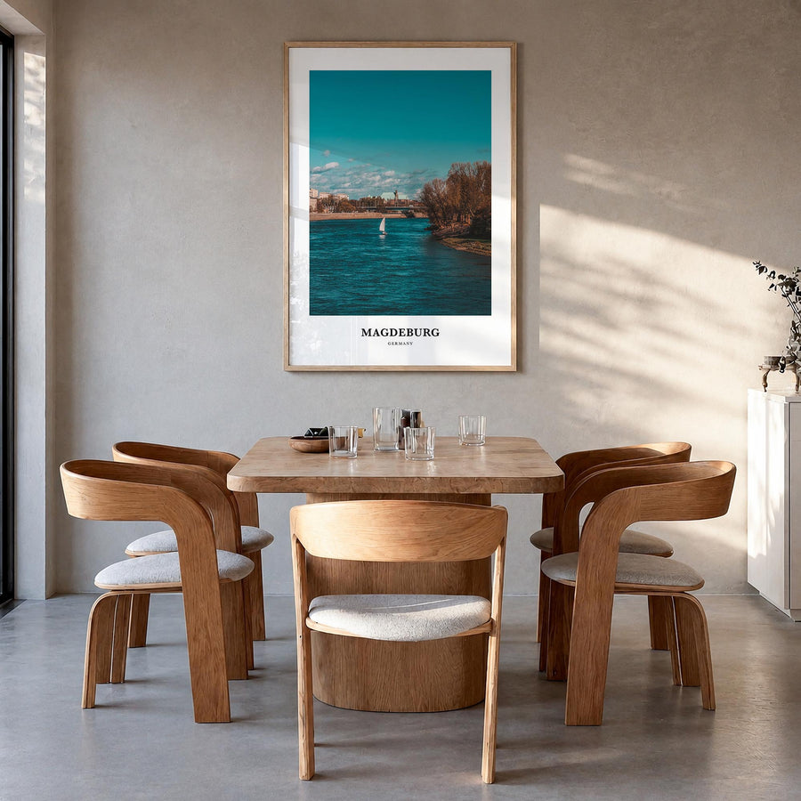 Magdeburg no. 1 colorful classic poster of Germany – vertical wall art in natural wood frame, hanging on wall