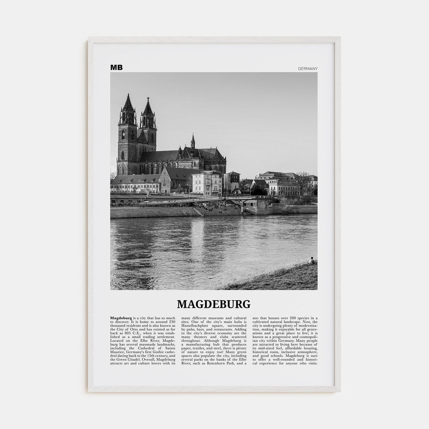 Magdeburg Poster White Wood / 8x12 in Nbourhood Travel B&W Poster