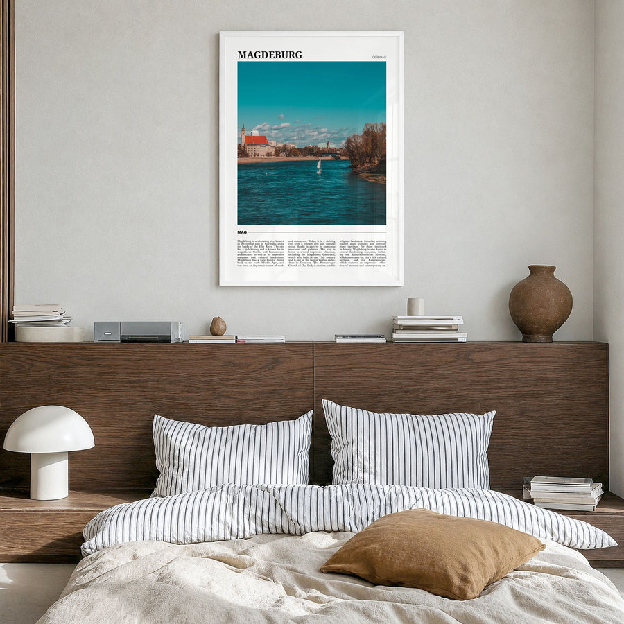 Magdeburg Travel No 1 Poster in a white wood frame, hanging in a bedroom