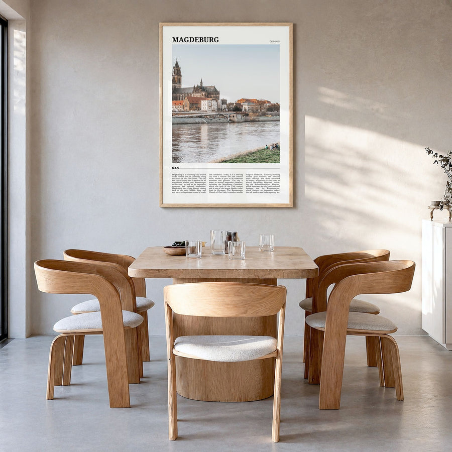 Magdeburg Travel No 2 Poster in a natural wood frame, hanging in a dining room