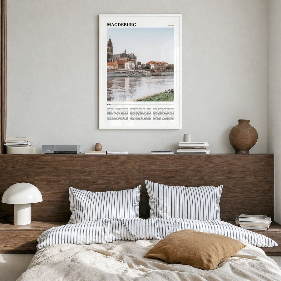 Magdeburg Travel No 2 Poster in a white wood frame, hanging in a bedroom